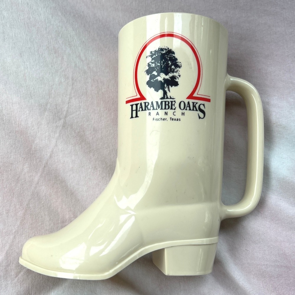 VTG Harambe Oaks Ranch Boot Mug Cream Plastic Fischer Texas Souvenir USA Western
